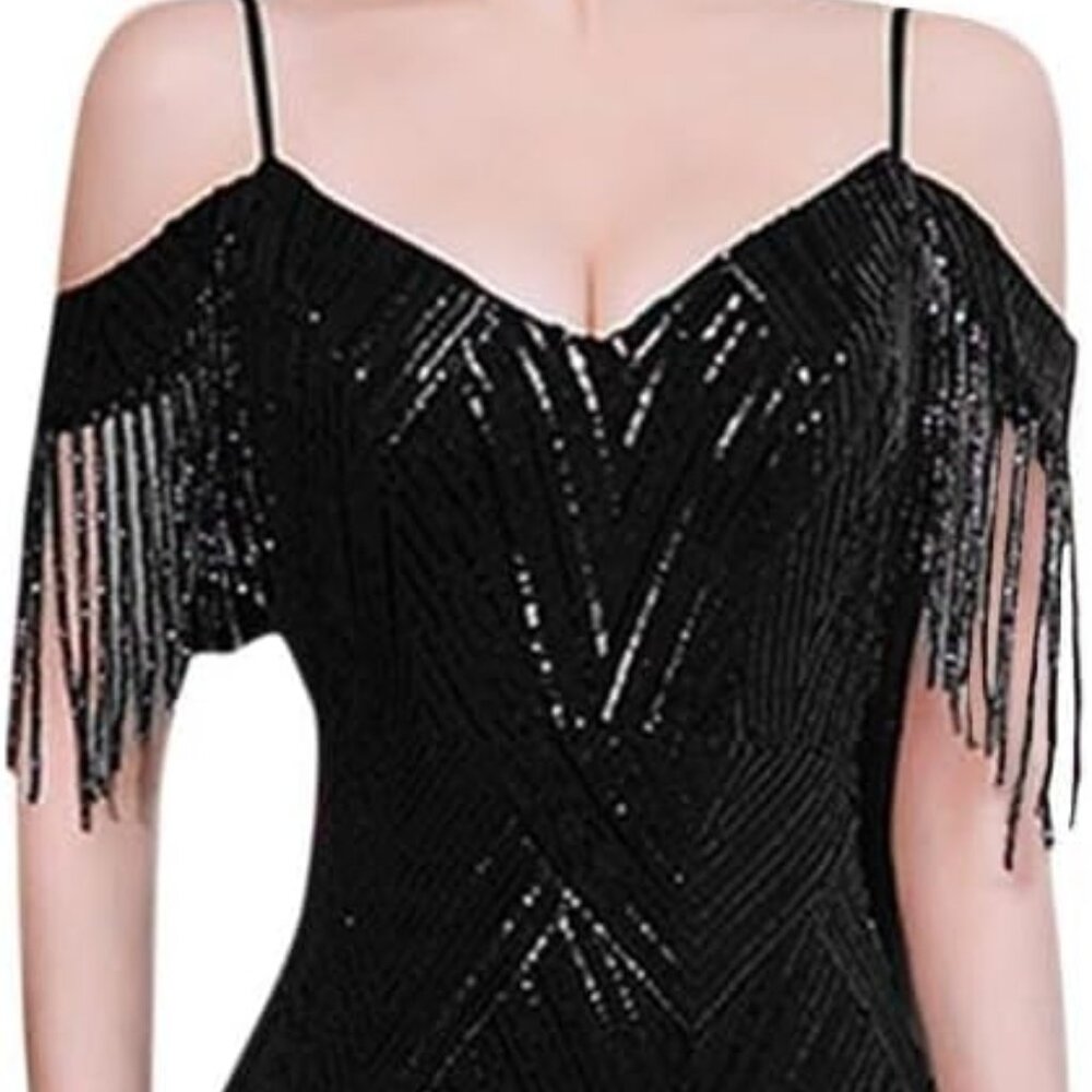 Black Sequin Fringe Sleeve Maxi Dress Plus Size Floor Length